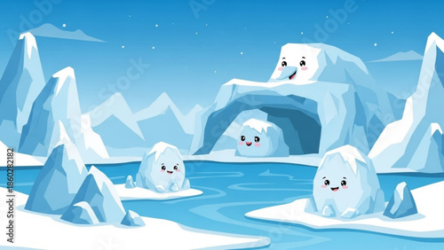 Cute cartoon snowballs and icebergs in a frozen landscape playful arctic characters for winter concepts and childrens illustrations vector art
