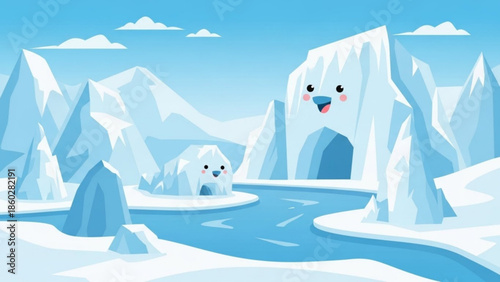 Cute cartoon arctic landscape with icebergs and river playful polar bear cave illustration for childrens book or winter theme