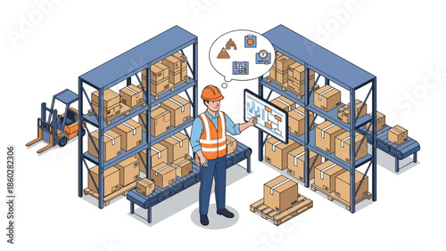 Warehouse Worker Managing Inventory with Shelves.