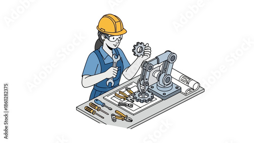 Woman Engineer Working on Machine Blueprint.