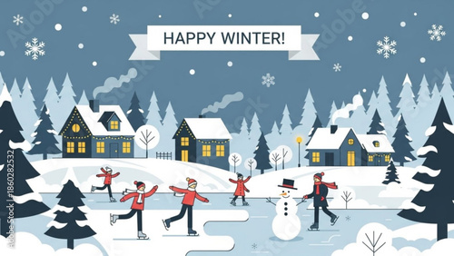Charming winter village scene with people ice skating and building a snowman festive holiday illustration for seasonal greetings and winter promotions