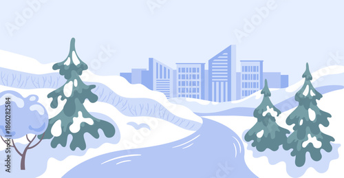 Winter landscape with spruce, a winding river, and a distant skyline of a big city simple vector lines, minimal color palette of cool blues and whites, tranquil and expansive.