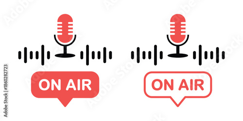 Live on air, microphone and sound wave signs, vector illustration representing broadcasting