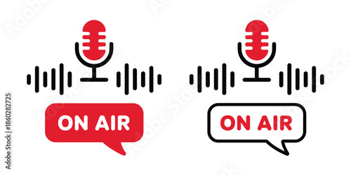 Live on air, vector icons of microphone and sound wave symbols, ideal for radio, podcast