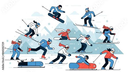 Collection of winter sport athletes including skiers snowboarders ice skaters and bobsledders in a flat vector illustration style for sports and recreation concepts