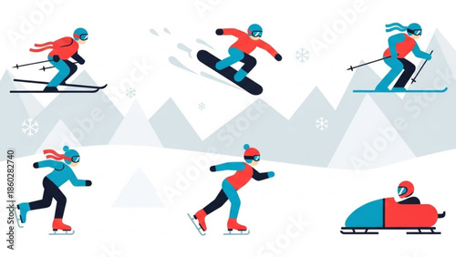 Winter sports icons collection featuring skiing snowboarding ice skating and bobsledding flat vector illustration for seasonal promotions and active lifestyle concepts