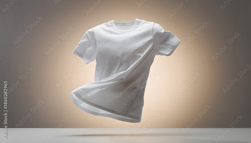 Fototapeta premium Pristine white short-sleeved t-shirt suspended in mid-air, symbolizing lightness, comfort, and versatility for everyday wear