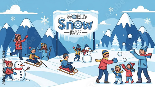 World Snow Day celebration with children playing in the snow sledding and building snowmen vector illustration for winter holidays