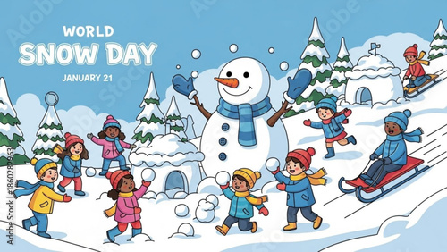 Children playing in the snow on World Snow Day building a snowman and sledding down hills festive winter illustration for celebration