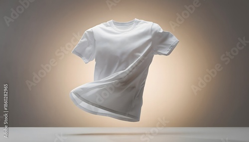 Pristine white short-sleeved t-shirt suspended in mid-air, symbolizing lightness, comfort, and versatility for everyday wear