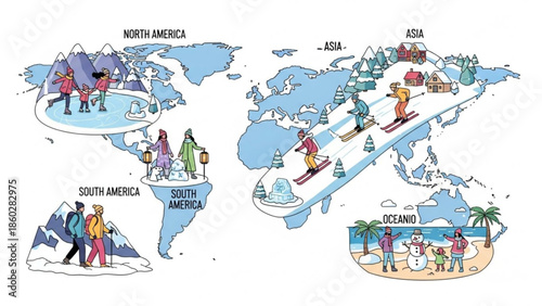 Winter activities map illustration showing diverse seasonal sports and recreation across continents perfect for travel and lifestyle concepts