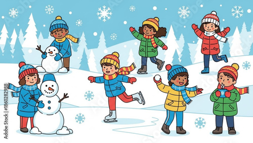 Diverse group of children enjoying winter activities like building snowmen and ice skating cartoon illustration for holiday and seasonal concepts