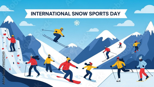 International Snow Sports Day illustration featuring diverse people skiing snowboarding and climbing mountains perfect for winter event promotion and sports websites