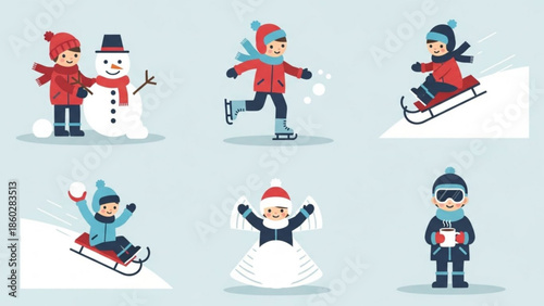 Collection of children enjoying winter activities including building a snowman ice skating sledding and making snow angels flat vector illustration for seasonal design