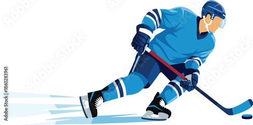 Ice hockey player vector illustration, professional athlete in blue uniform skating with stick and puck isolated on white