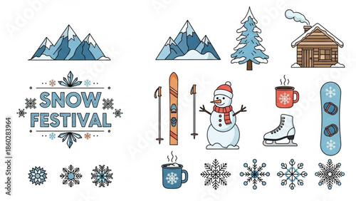 Winter icons set including mountains snowman skis snowboard ice skates and snowflakes for snow festival and holiday design