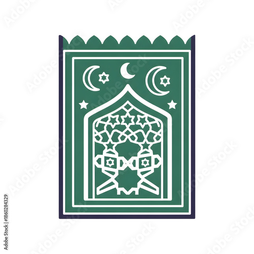 Islamic prayer mat with crescent moons and stars design in green and purple, representing religious devotion and cultural heritage