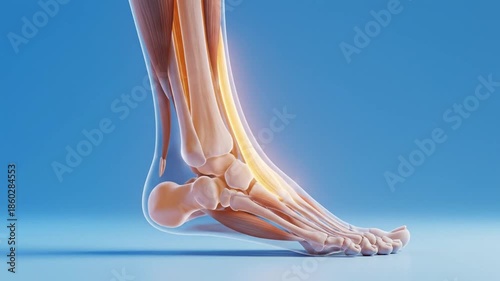An illustration of a human foot highlighting the Achilles tendon and skeletal structure from a lateral viewpoint