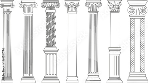 Classical Greek and Roman column vector set, vintage line art of architectural pillars with Ionic, Corinthian, and Doric capitals