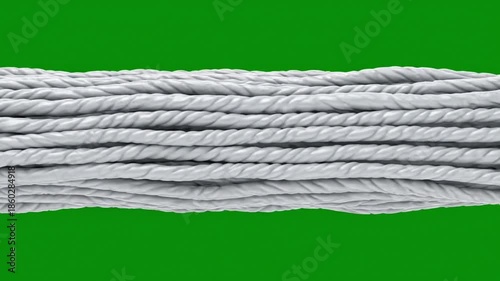 A tight rope made of twisted fibers lies horizontally across the frame, reminiscent of Achilles' unyielding strength, against a solid green background from a frontal viewpoint