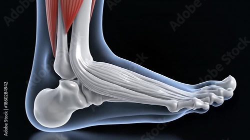 Illustration of human foot anatomy highlighting Achilles tendon and muscles in a detailed medical diagram