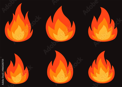 Set of burning bonfires on a dark background. Flat vector illustration.