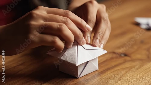 Close-up of hands carefully folding white paper origami on a warm wooden surface showcasing focus creativity and delicate craftsmanship for artistic projects