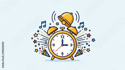 Vibrant cartoon alarm clock ringing with colorful stars, music notes, and party horns on light blue background, symbolizing celebration and time