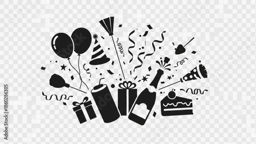 Celebration elements with balloons, gifts, and champagne bottle on transparent background, festive illustration