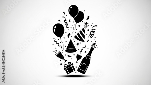 Black and white illustration of party celebration elements including balloons, confetti, party hats, champagne bottle and gift box on white background