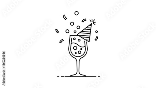 Celebratory champagne flute with party hat and confetti illustration on white background