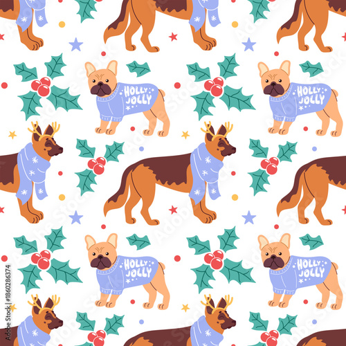 Seamless Dog Pattern in Christmas Sweaters and Scarves, Holly. Shepherd Dog and French Bulldog. playful pose, bold flat colors, clean vector lines, festive lights