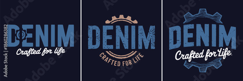 Collection of three distinct blue denim apparel branding designs featuring various distressed and industrial gear graphic elements