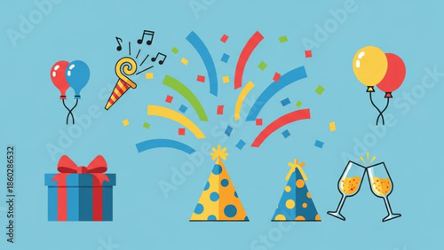 Colorful party hats, gift box, balloons, and champagne glasses on blue background, festive celebration illustration