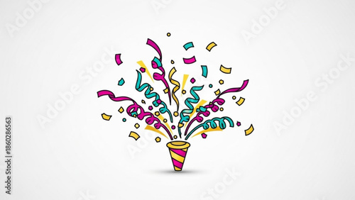 Colorful party popper exploding with confetti and streamers on white background