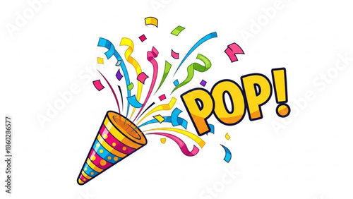 Colorful party popper exploding with confetti and ribbons, vibrant celebration decoration, joyful festive atmosphere, fun party favor, isolated on white background