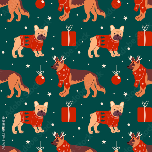 Christmas Seamless Dog Pattern in Christmas Sweaters and Scarves, Shepherd Dog and French Bulldog. Gifts, Christmas balls