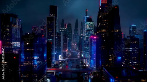 Wallpaper Mural Neon lit night city skyline with glowing streets, dense high rise towers, and vibrant urban atmosphere under dramatic dark sky Torontodigital.ca