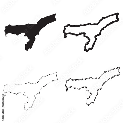 Assam state map vector bundle Set of solid black silhouette and outline geography shapes on white background