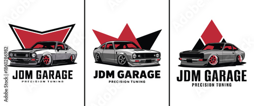 Collection of three detailed JDM Garage precision tuning logo designs featuring a classic lowrider coupe illustration ready for modification concepts