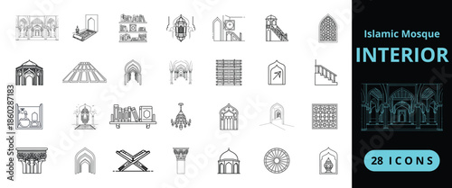 Mosque Interior Icon Collection with Mihrab, Minbar, Prayer Hall and Islamic Design Elements in Line art, for Islamic Architecture, Worship Spaces and Religious UI Design