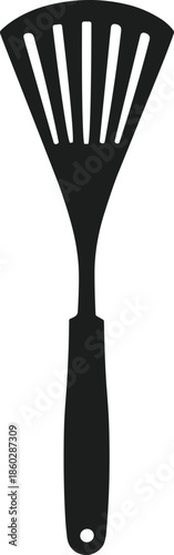 Black silhouette of a slotted spatula kitchen utensil with a hole in the handle