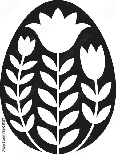 Easter Egg Silhouette with Stylized Flowers and Leaves Black and White Vector floral