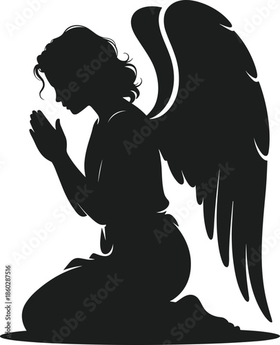 Black silhouette of an angel with wings praying on knees kneeling