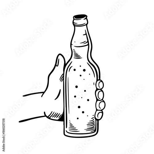 Black and white hand drawn illustration of a hand holding a beer bottle