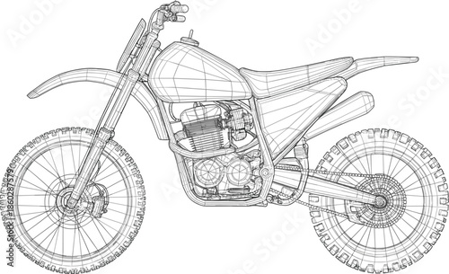 Motocross motorcycle wireframe vector, 3D mesh model of a dirt bike for technical design and automotive engineering