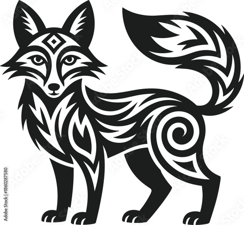 Black tribal fox silhouette vector illustration with stylized patterns