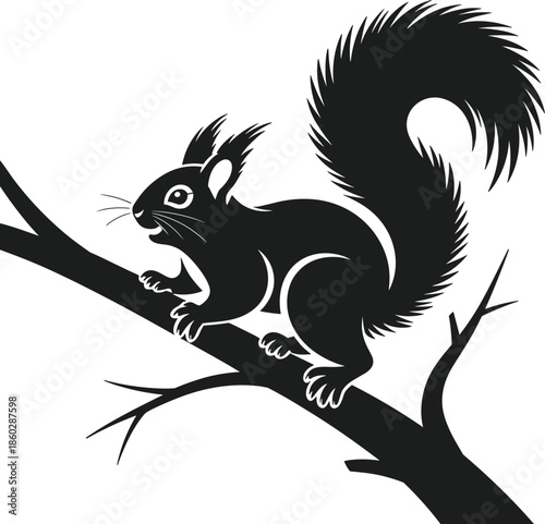 Black squirrel silhouette perched on a tree branch vector illustration animal