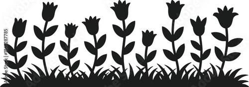 Black silhouette of a flower bed with tulips and grass on a white background vector