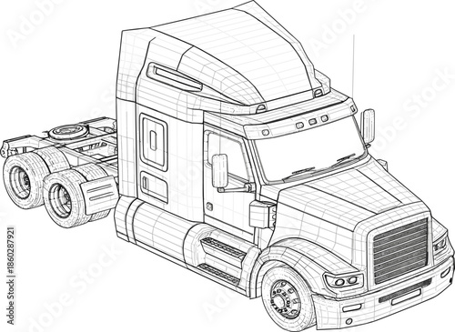 Принти на полотні Modern semi-truck tractor vector, 3D wireframe mesh of a heavy-duty commercial t